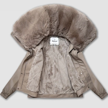 Skórzana kurtka z dużym futrzanym kołnierzem Glakate zimny beżowy  (LU98090#)