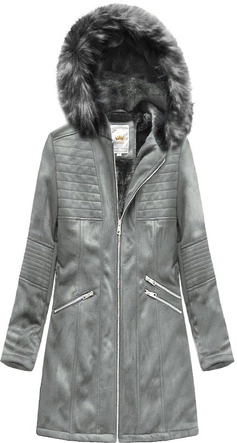 ZAMSZOWA DAMSKA KURTKA ZIMOWA Z KAPTUREM SZARA (6516BIG)