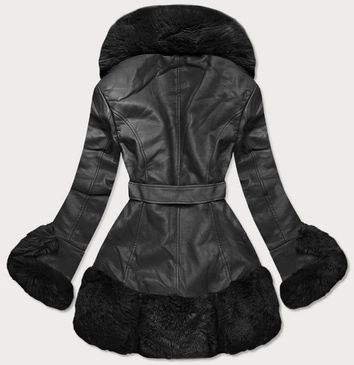 ELEGANCKA KURTKA SKÓRZANA Z FUTRZANYM KOŁNIERZEM CZARNA (FL202018)