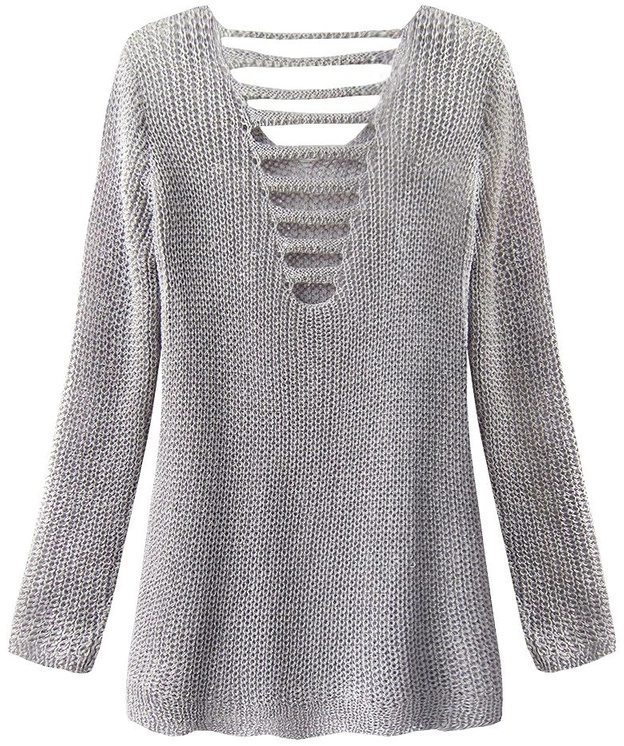 SWETER Z WYCIĘCIAMI NA PLECACH SZARY (225ART)