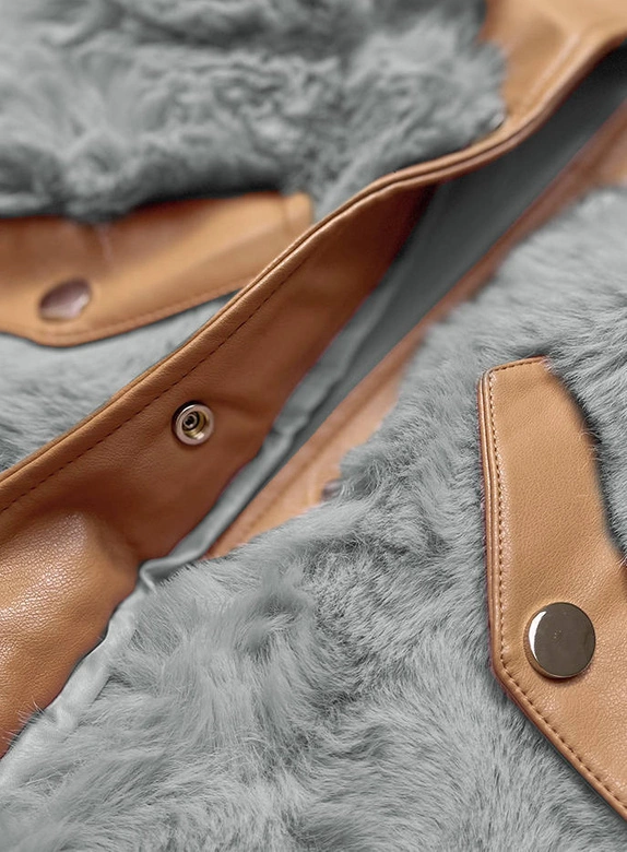 Elegancka kamizelka ekoskóra i futro karmel-szary (br9592-9022)