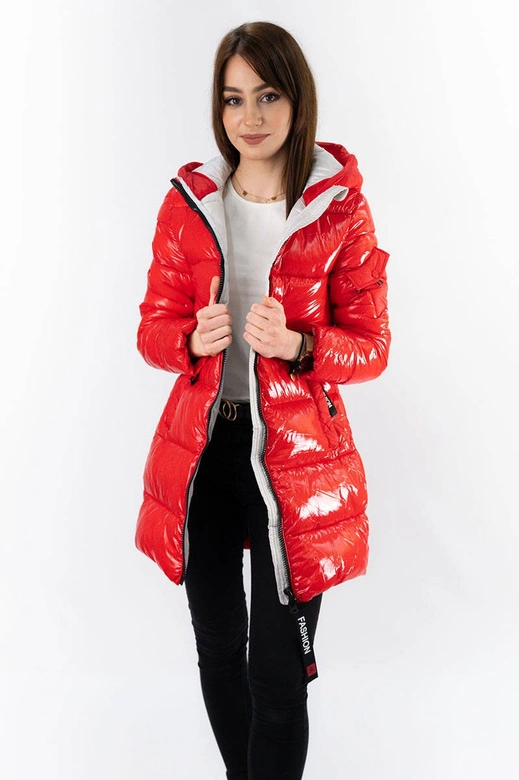 BŁYSZCZĄCA ZIMOWA KURTKA DAMSKA CZERWONO-SZARA (R9545)