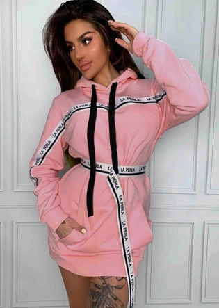 DŁUGA BLUZA Z PASKIEM PUDROWY RÓŻ (568ART)