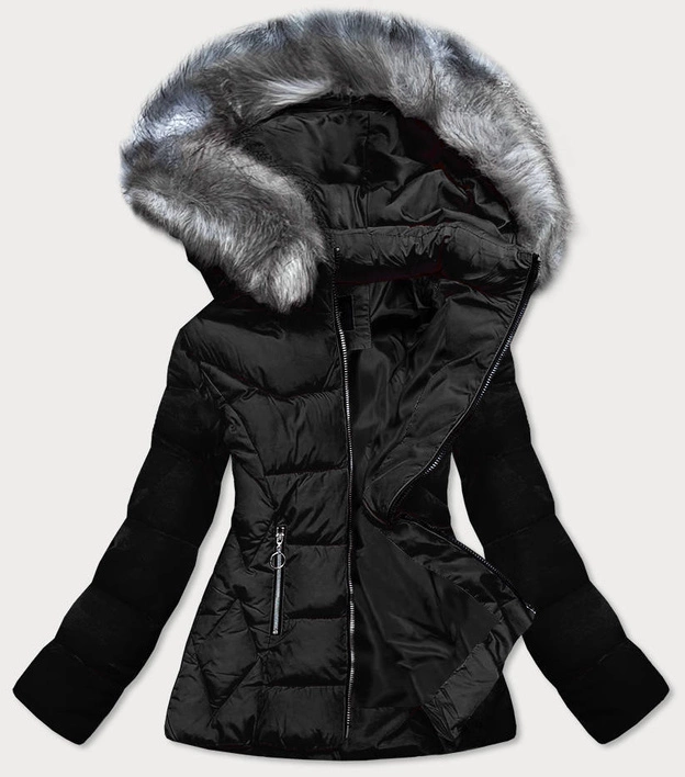 PIKOWANA KURTKA ZIMOWA Z KAPTUREM CZARNA (B-9903)