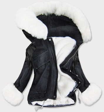 DAMSKA KURTKA JEANSOWA Z FUTRZANĄ PODPINKĄ CZARNO - BIAŁA (9023#)