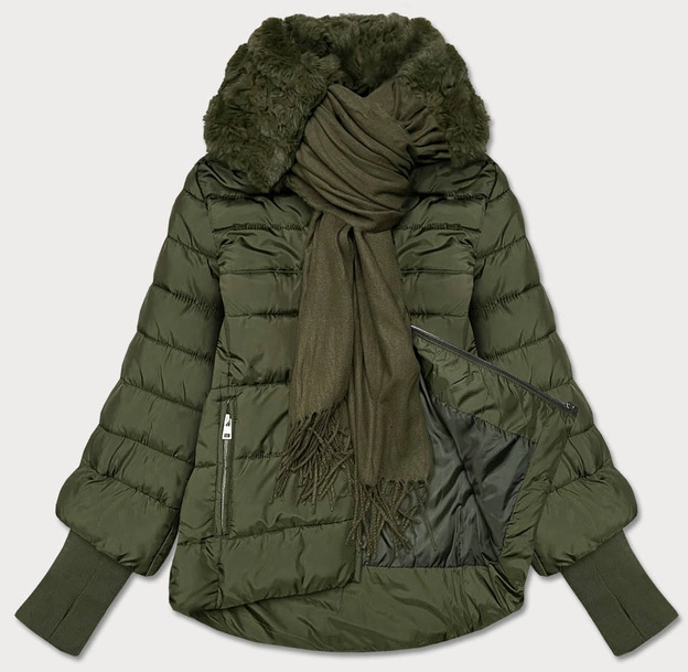 KURTKA DAMSKA  Z FUTRZANYM SZALIKIEM KHAKI (1587)