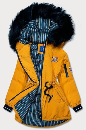 DAMSKA DŁUŻSZA ZIMOWA KURTKA Z KAPTUREM MUSZTARDOWA (M8-757)