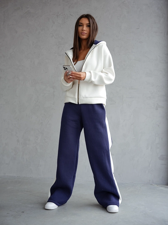 Gruby bawełniany komplet damski z rozpinaną bluzą biały-granat (503)