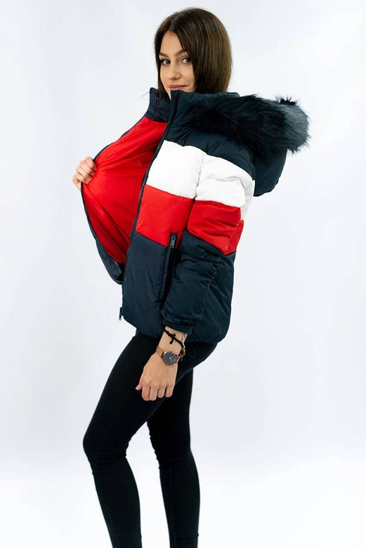 DAMSKA KRÓTKA PIKOWANA KURTKA ZIMOWA GRANATOWA (7692)