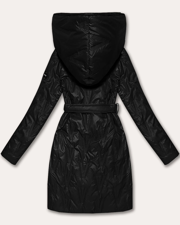 Pikowany płaszcz damski z paskiem S'West czarny (B8508-1)