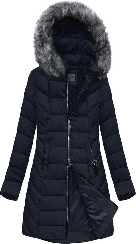 PIKOWANA DAMSKA KURTKA ZIMOWA Z KAPTUREM GRANATOWA (B2645)