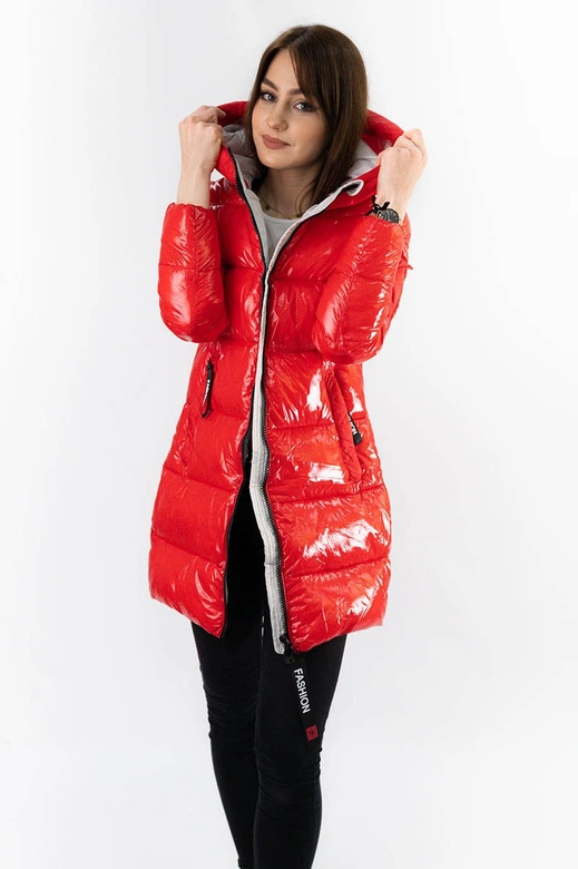 BŁYSZCZĄCA ZIMOWA KURTKA DAMSKA CZERWONO-SZARA (R9545)