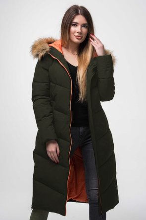 PROSTY PŁASZCZ ZIMOWY DAMSKI Z KAPTUREM KHAKI (J9-007)