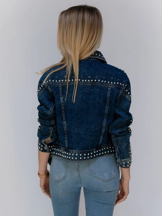 KRÓTKA JEANSOWA DAMSKA KURTKA Z KOŁNIERZEM I DŻETAMI NIEBIESKA (L1815)