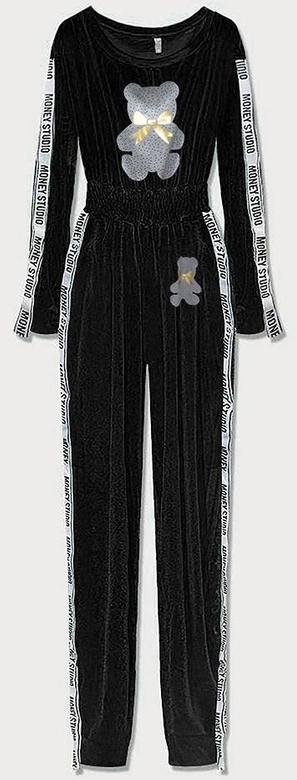 DŁUGI KOMBINEZON WELUROWY Z LAMPASAMI I NADRUKIEM CZARNY (647ART)