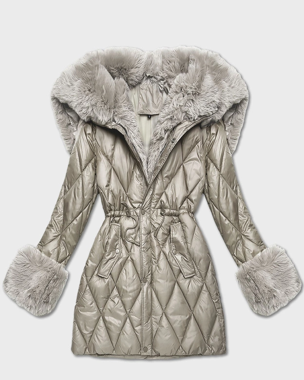 Kurtka z futrzanym kapturem tworzącym kołnierz beżowa (T3-2635#-62)