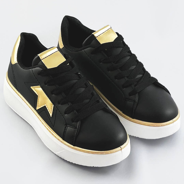 Sznurowane sneakersy z gwiazdką czarny-złoty (bb126a)