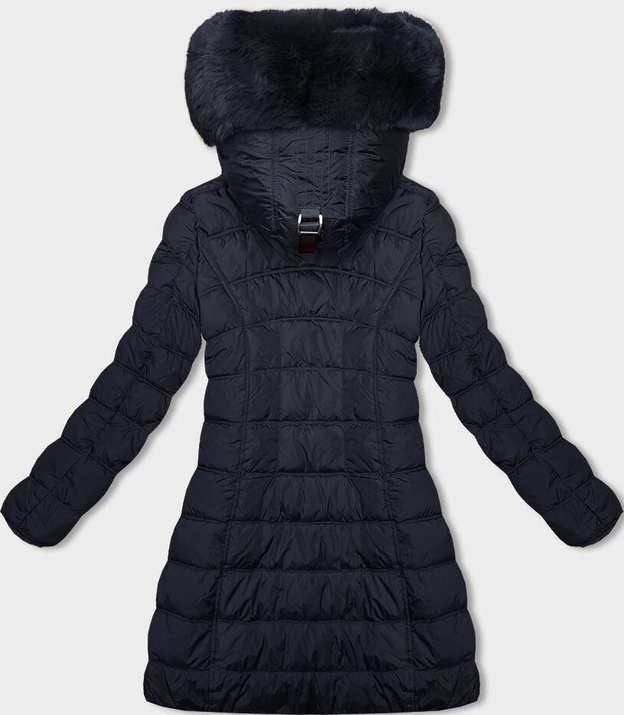 Zimowa kurtka damska z kapturem granatowa (2M-21013)