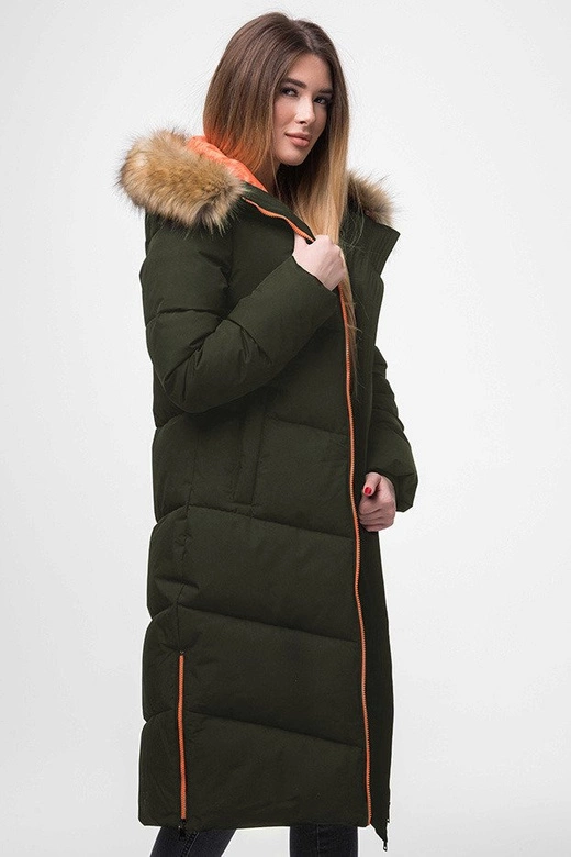 PROSTY PŁASZCZ ZIMOWY DAMSKI Z KAPTUREM KHAKI (J9-007)