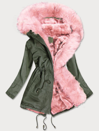 ZIMOWA PARKA DAMSKA Z KOLOROWYM FUTREM KHAKI-RÓŻ (D-216#)