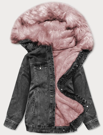 DAMSKA KURTKA JEANSOWA Z FUTRZANĄ PODPINKĄ CZARNO-RÓŻOWA (BR9588-1081)
