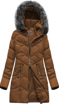 DŁUŻSZA PIKOWANA DAMSKA KURTKA ZIMOWA Z KAPTUREM BRĄZOWA (B2643)