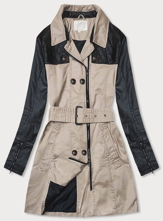 Damski płaszcz z łączonych materiałów beżowy (M206)