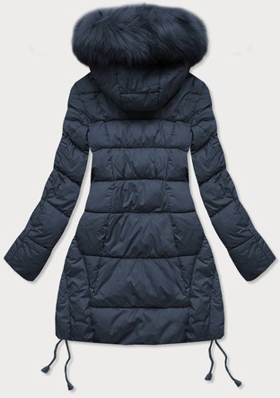 Pikowana damska kurtka zimowa z kapturem granatowa (7690)
