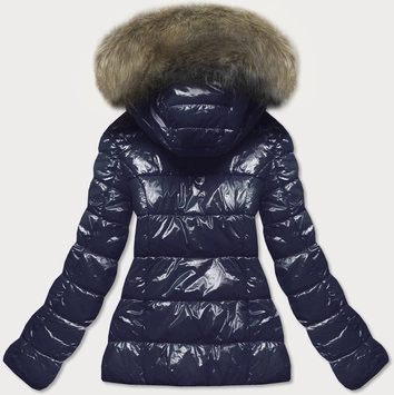 Lakierowana pikowana kurtka damska granatowa (7695)