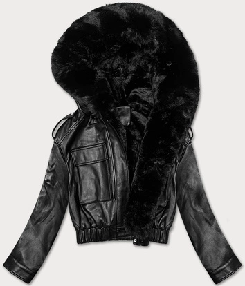 Krótka kurtka przejściowa skórzana z futerkiem J Style czarna (11Z8172)