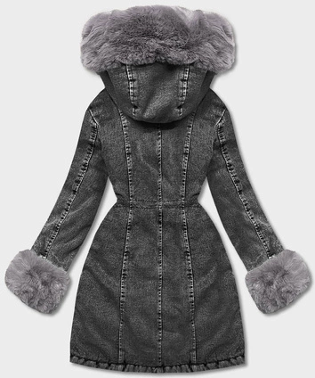 Damska kurtka jeansowa na futrzanej podszewce czarny/szary (R8068-109)