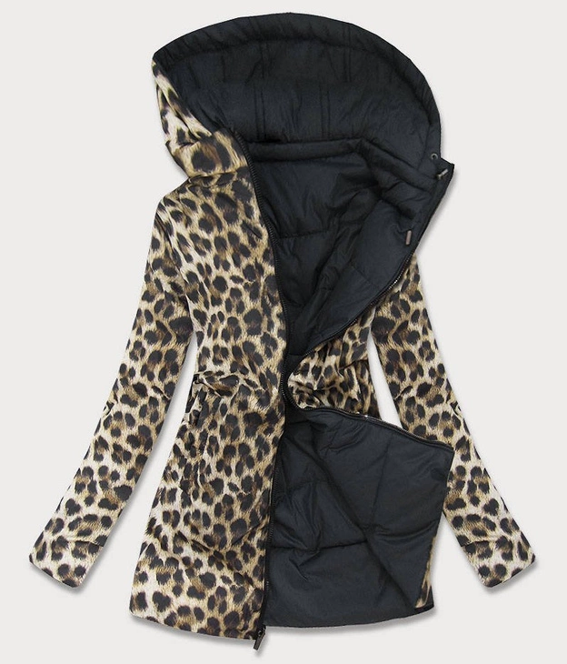 DWUSTRONNA KURTKA DAMSKA Z KAPTUREM CZARNA W PANTERKĘ (W352)
