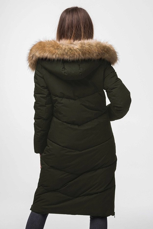 PROSTY PŁASZCZ ZIMOWY DAMSKI Z KAPTUREM KHAKI (J9-007)
