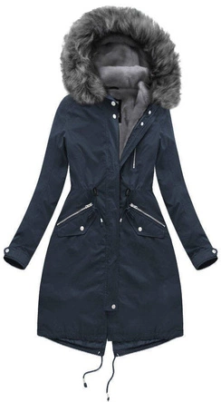 DŁUGA ZIMOWA PARKA DAMSKA Z PODPINKĄ GRANATOWO-SZARA (1802)