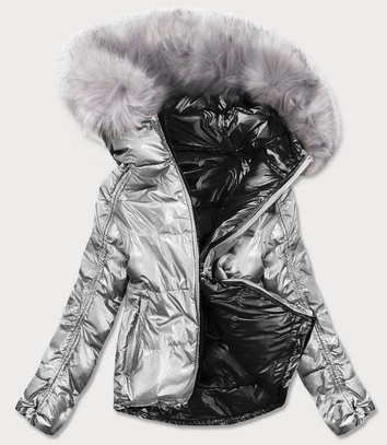DWUSTRONNA METALICZNA KURTKA DAMSKA SREBRNO-CZARNA (GWW1908)