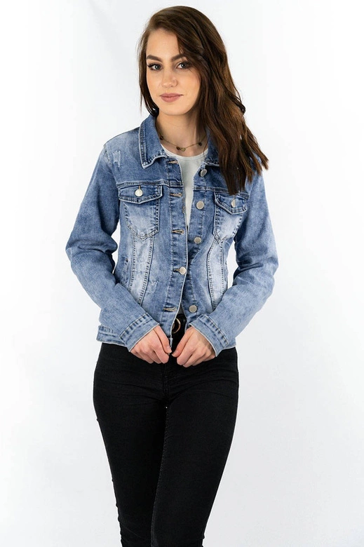 KRÓTKA KLASYCZNA DAMSKA KURTKA JEANSOWA NIEBIESKA (GD6641-K)