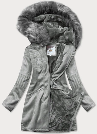 ZAMSZOWA DAMSKA KURTKA ZIMOWA Z KAPTUREM SZARA (6516)