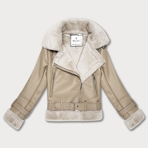 Zimowa ramoneska na futrze Glakate ciepły beż (238025##)