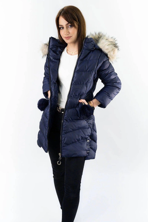 Zimowa kurtka damska z odpinanymi rękawami granatowa (w761)