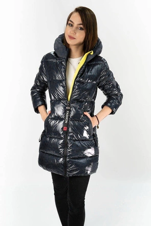 Błyszcząca zimowa kurtka damska grafitowo-żółta (b9545-7007)