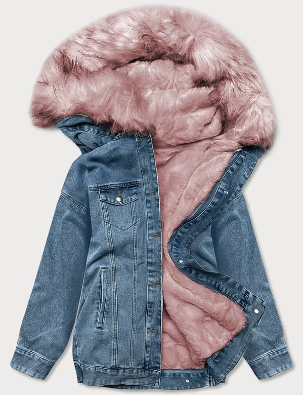 DAMSKA KURTKA JEANSOWA Z FUTRZANĄ PODPINKĄ NIEBIESKO-RÓŻOWA (BR9588-50081)