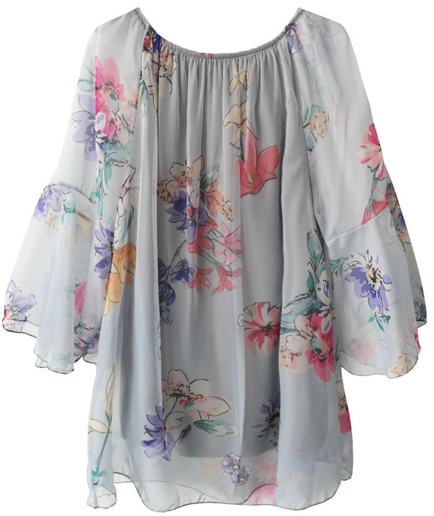 SZYFONOWA BLUZKA HISZPANKA W KWIATY SZARA (242ART)