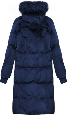 Zimowa sztruksowa kurtka damska z kapturem granatowa (7763)