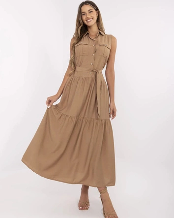 Elegancka sukienka maxi ciemny beż (A5032)