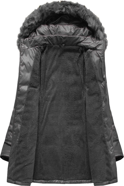 PIKOWANA DAMSKA KURTKA ZIMOWA Z KAPTUREM CIEMNOSZARA (B2617-30)