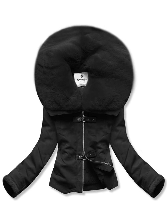 Kurtka ze skóry ekologicznej z futrzanym kołnierzem Glakate czarna (LU98091#)