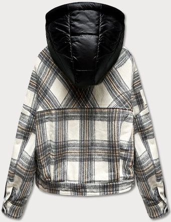 Krótka kurtka koszulowa w kratę ecru/szara (AG3-1839)