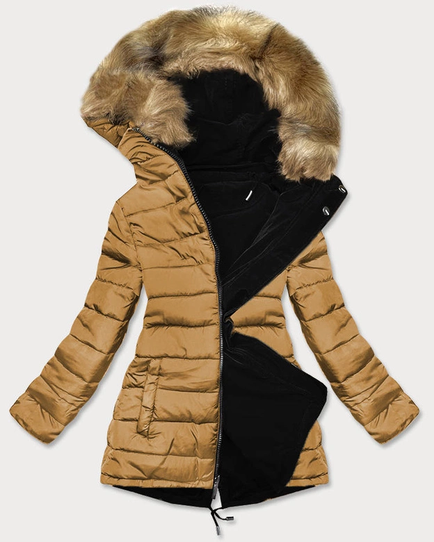 Dwustronna damska kurtka zimowa czarno-karmelowa (w557-1big)