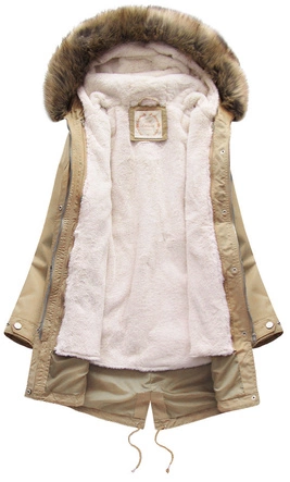 Zimowa damska parka z podpinką i kapturem beżowa (7626BIG)