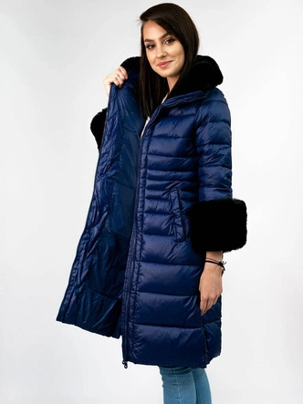 DŁUŻSZA DAMSKA PIKOWANA KURTKA ZIMOWA GRANATOWA (J19-017)